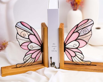 Stained Glass Bookends | Fairy Wing Bookshelf Decor, Butterfly Book Holder Gift for Book Lover