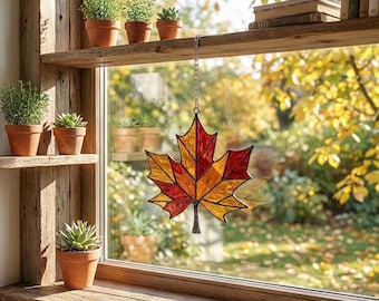 Stained Glass Maple Leaf Suncatcher, Fall Window Hanging, Autumn Home Decor, Thanksgiving Gift for Mom, Red Leaf Ornament