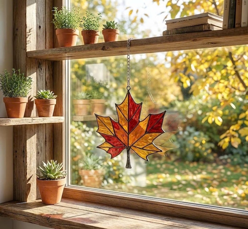 Stained Glass Maple Leaf Suncatcher, Fall Window Hanging, Autumn Home Decor, Thanksgiving Gift for Mom, Red Leaf Ornament image 1