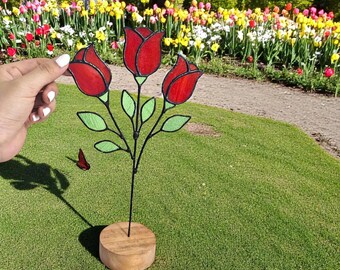Handmade Stained Glass Red Rose Sculpture – Floral Home Decor