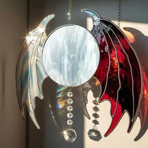 Halloween Stained Glass Suncatcher – Angel & Demon Wings with Moon, Gothic Window Hanging, Spooky Home Decor Gift