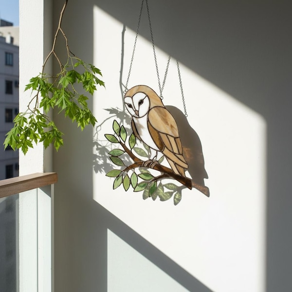 Barn Owl Stained Glass Suncatcher | Woodland Nursery Decor | Bird Lover Gift for Mom | Cottagecore Window Hanging | White Nature Art