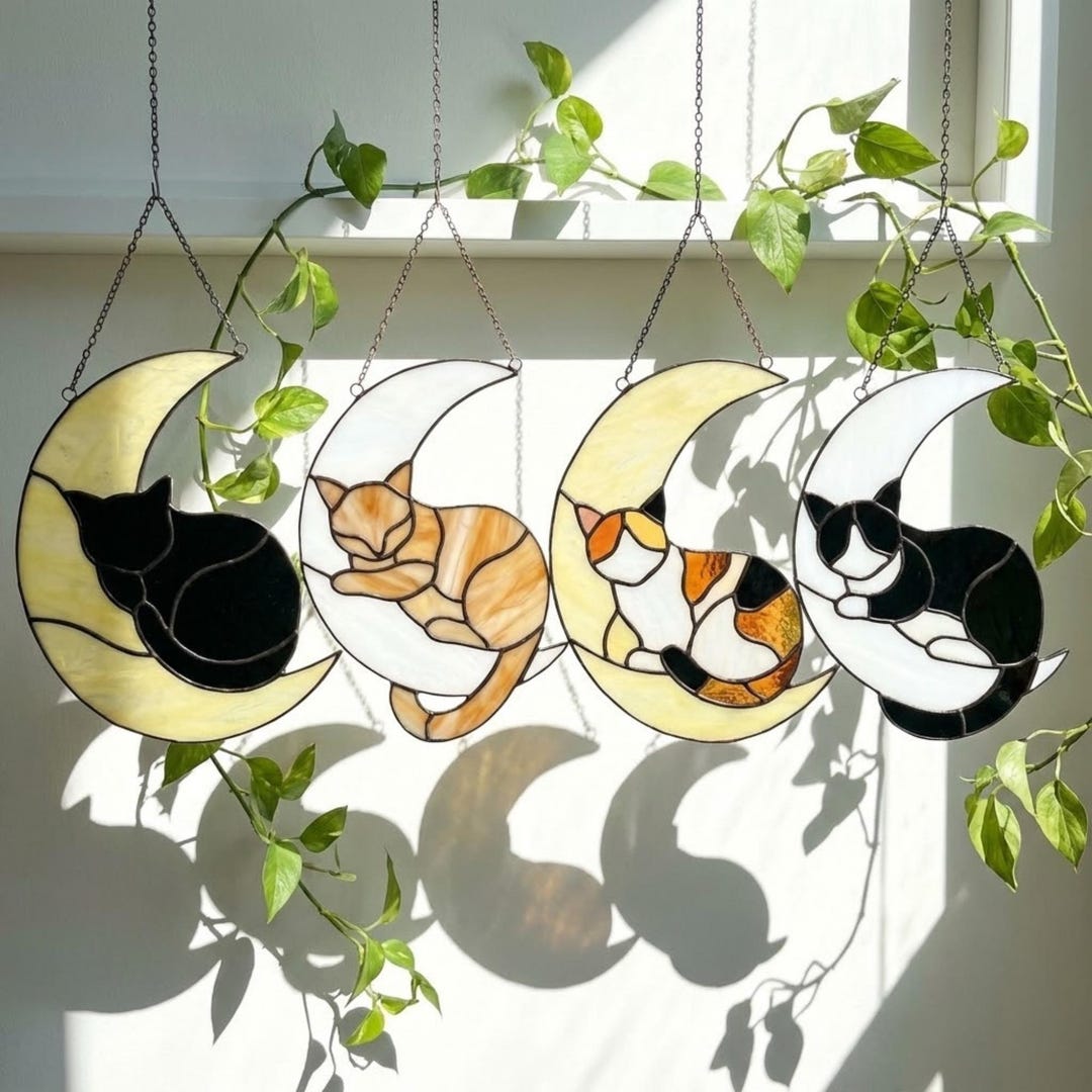 Stained Glass Sleeping Cat on Moon Suncatcher | Pet Memorial Gift for ...