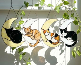 Stained Glass Cat on Moon Suncatcher | Pet Memorial Decor