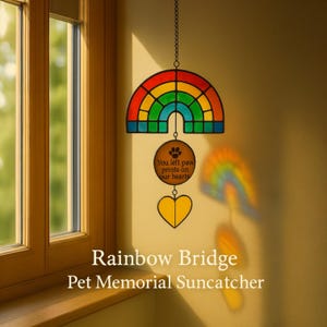 Rainbow Bridge Pet Memorial Suncatcher – “You Left Paw Prints on Our Hearts” Gift for Loss of Dog or Cat | Stained Glass Decor