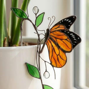 Monarch Butterfly Stained Glass Plant Stake | Suncatcher Pot Decor | Gardener Gift for Mom | Indoor Planter Art | Butterfly Lover Gift
