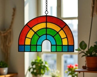 Rainbow Stained Glass Suncatcher – Handmade Colorful Window Hanging for Positive Energy & Pride Decor