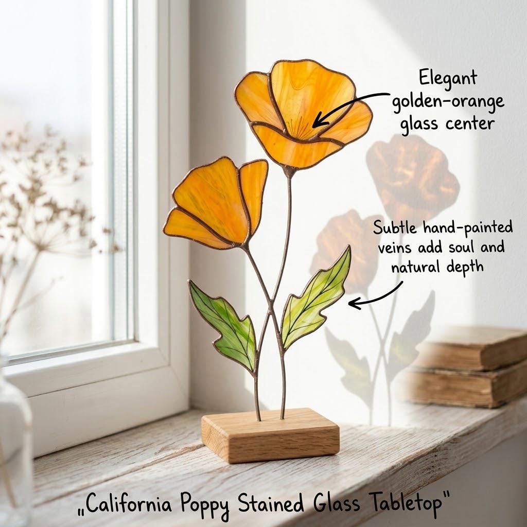 Stained Glass Poppy Flower on Oak Base, California Poppy Decor ...