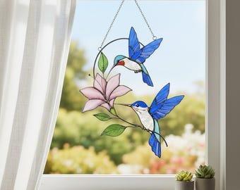 Hummingbird Stained Glass Suncatcher, Gift for Mom & Grandma, Handmade Bird Stained Glass Window Hanging, Flower Fairy Garden Decor