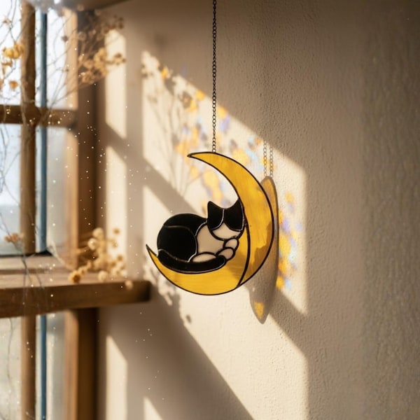 Cat on the Moon Stained Glass Suncatcher, Handmade Cat Window Hanging, Gift for Cat Lovers, Gift for Mom & Grandma