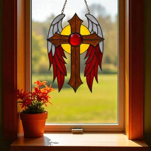 Handmade Stained Glass Cross Suncatcher with Angel Wings – Religious Window Hanging Decoration