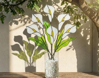 Stained Glass Calla Lily Bouquet, White 2D Flower Stem, Easter Decor, Wedding Anniversary Gift for Wife, Forever Floral Art, Gift for Mom