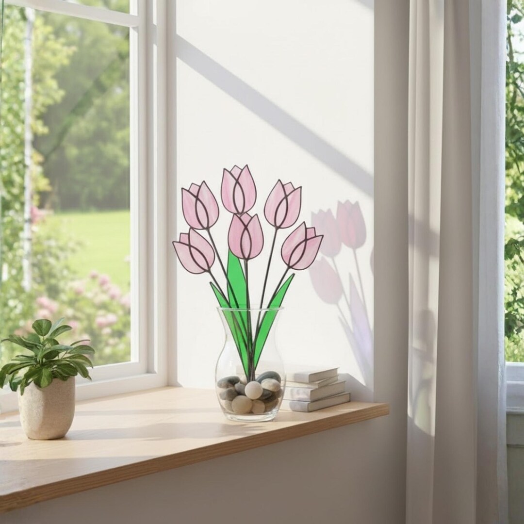 ピンクのステンドグラスのチューリップサンキャッチャー、花瓶用の