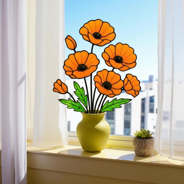 Stained Glass Poppy Flower | California Poppy Suncatcher | Glass Wildflower Bouquet Home Decor | Birth Month Flower Gift Vase Art