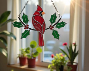 Stained Glass Cardinal Bird Suncatcher – Handmade Red Bird Ornament, Memorial Gift for Her or Mom, Christmas Window Decor, Nature Home Art