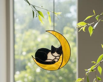 Cat Stained Glass Suncatcher – Crescent Moon Cat Ornament, Handmade Window Hanging, Cat Lover Gift, Memorial Optional