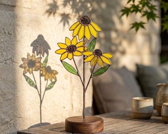 Stained Glass Black Eyed Susan Flower Trio | Wood Base Desk Decor