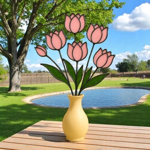 Tulip Stained Glass Bouquet in Vase–Handmade Pink Floral Centerpiece|Spring Window Decor, Unique Gift for Birthday, Mother’s Day or Any Room