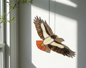 Red Tailed Hawk Stained Glass Suncatcher | Bird of Prey Window Hanging | Wildlife Decor for Men | Unique Father's Day Gift for Dad | Raptor