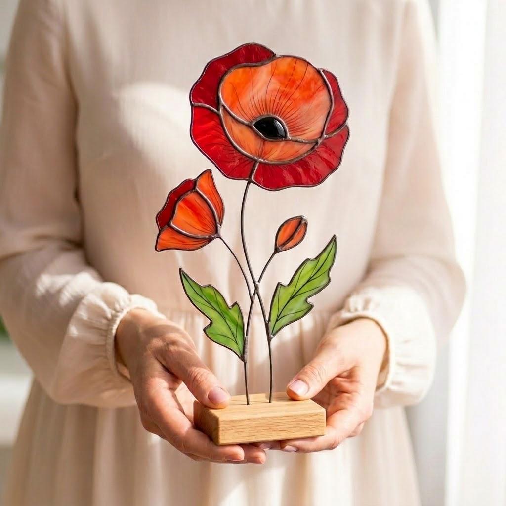 Stained Glass Poppy Flower on Oak Base, California Poppy Decor ...