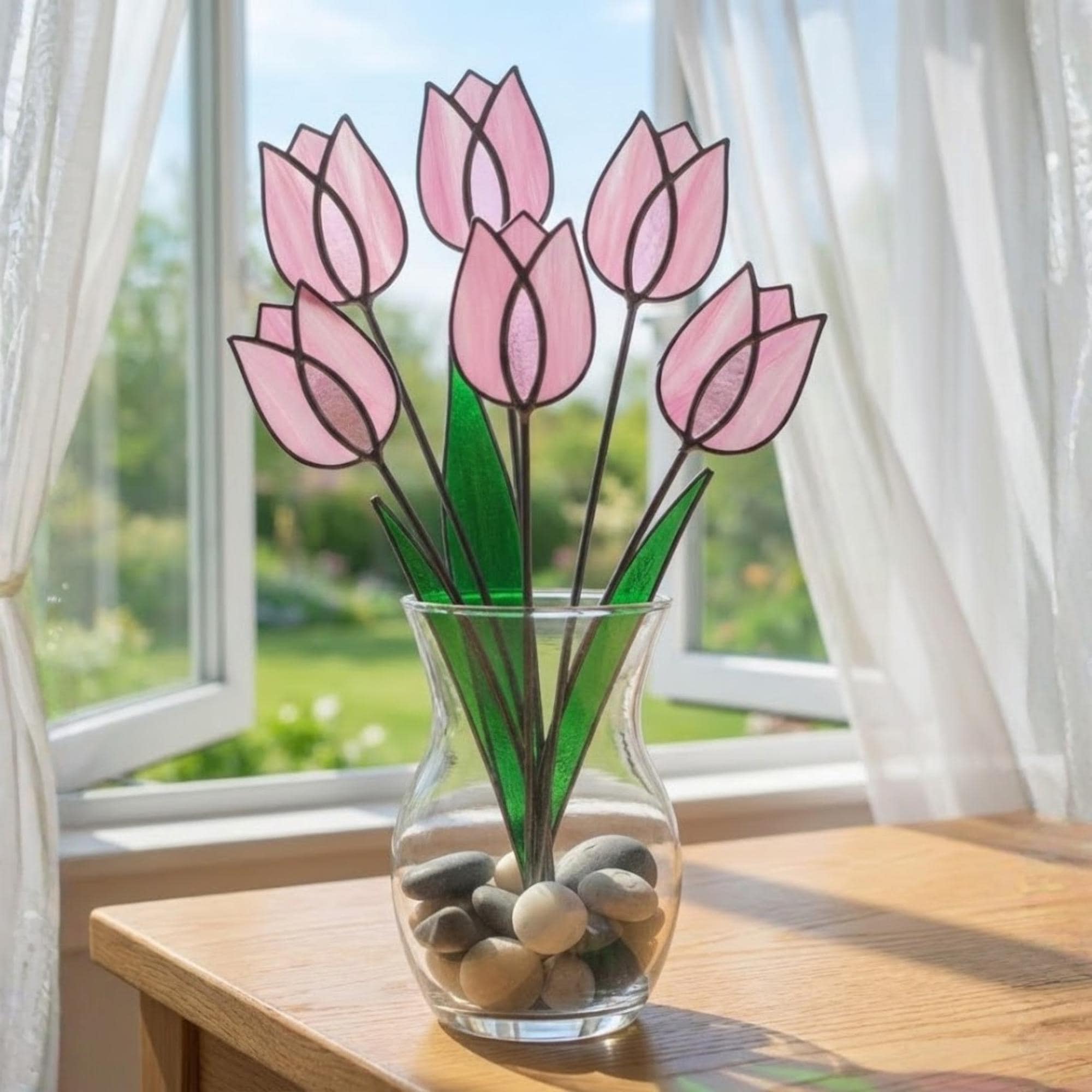 ピンクのステンドグラスのチューリップサンキャッチャー、花瓶用の