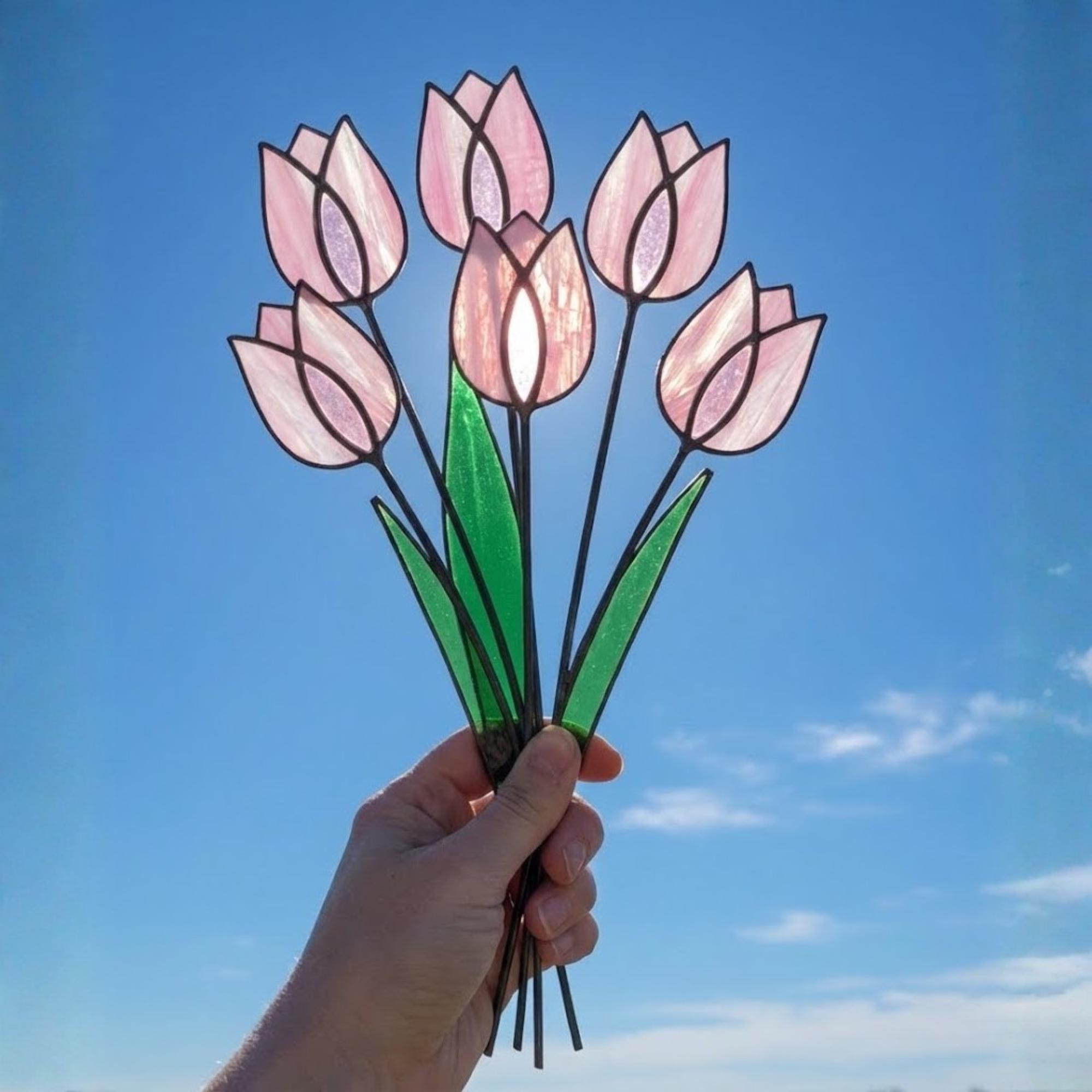 ピンクのステンドグラスのチューリップサンキャッチャー、花瓶用の