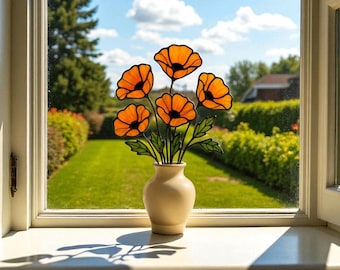 Stained Glass Poppy Bouquet: Handmade Floral Window Decor, Gift for Mom & Grandma