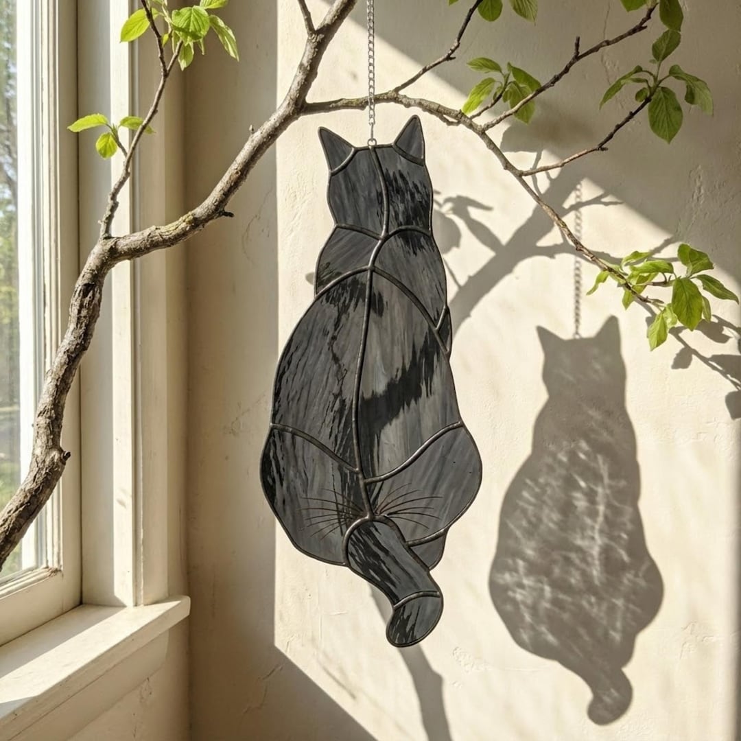 Stained Glass Tuxedo Cat Suncatcher With Wood Stand | Black and White ...