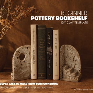 May include: A DIY clay template for a beginner pottery bookshelf, featuring two textured, arch-shaped bookends. One bookend has a circular cutout, and the other features a small staircase design. Text reads: BEGINNER POTTERY BOOKSHELF DIY CLAY TEMPLATE.