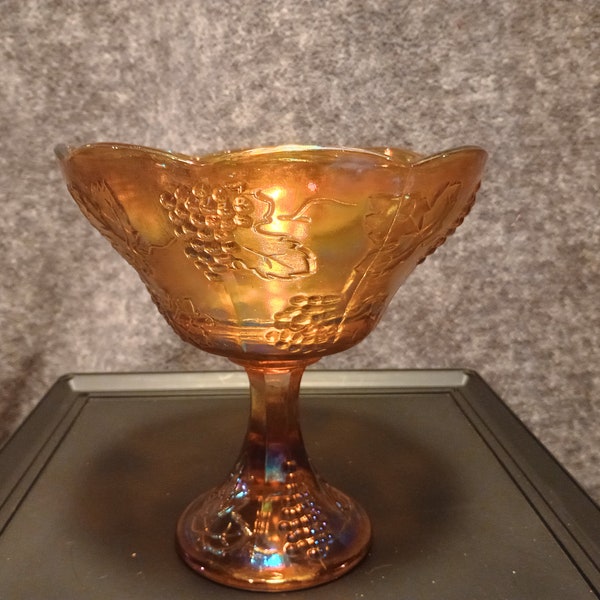Vtg Indiana Iridescent Amber Carnival Glass Harvest Grape Pedestal Compote Bowl
