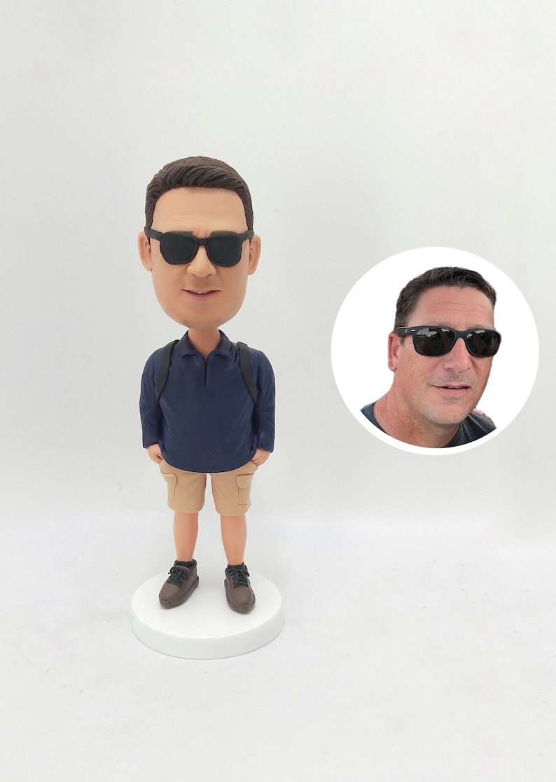 K&ouml;nnte beinhalten: Wackelkopf-Figur eines Mannes mit Sonnenbrille, marineblauem Poloshirt, khakifarbener Shorts und braunen Schuhen. Die Figur hat einen Rucksack und steht auf einer wei&szlig;en, kreisf&ouml;rmigen Basis. Ein kleineres Bild des Mannes mit Sonnenbrille befindet sich im Hintergrund.