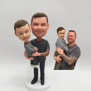 Custom Clay Bobbleheads Father And Son, Personalized Double Polymer Clay Figurines Sculpted polymer clay Dolls, Custom Kids And Dad Statues