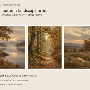 Könnte beinhalten: Ein Set aus drei digitalen Kunstdrucken mit dem Titel Quiet autumn landscape prints. Die Bilder zeigen einen nebligen See bei Sonnenuntergang, einen mit Laub bedeckten Waldweg und eine goldene Wiese mit einem Bach unter bewölktem Himmel.