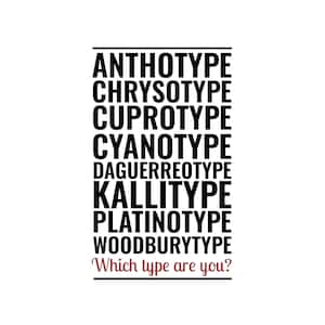 Anthotype, chrysotype, cuprotype, cyanotype, daguerréotype, kallitype, platinotype, Woodburytype. Quel type êtes-vous ? Téléchargement numérique