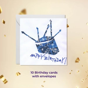 Tarjeta de cumpleaños con pastel y velas. Paquete de 10 tarjetas hechas a partir de una impresión en cianotipia + sobres. Envíos a EE. UU. y Canadá