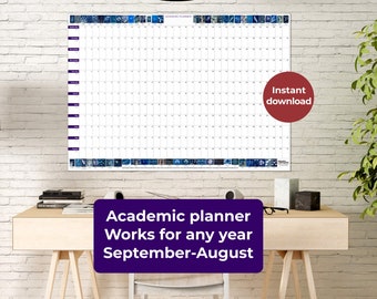 Academic year UNDATED wall planner September to August. INSTANT DOWNLOAD. Beautifully illustrated with cyanotypes. Achieve your goals!