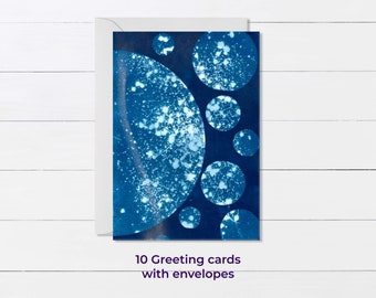 Carte de voeux Planètes, paquet de 10 cartes réalisées à partir d'un imprimé CYANOTYPE + enveloppes. Expédié en Europe et dans le reste du monde. Anniversaire ou Noël.