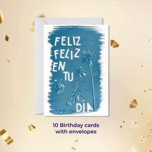 Cartão de aniversário tropical. Pacote com 10 cartões feitos de impressão cianotípica + envelopes. Envia para a Europa e Resto do mundo