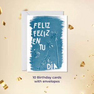 Carte d'anniversaire tropicale. Lot de 10 cartes imprimées en cyanotype + enveloppes. Expédition aux États-Unis et au Canada
