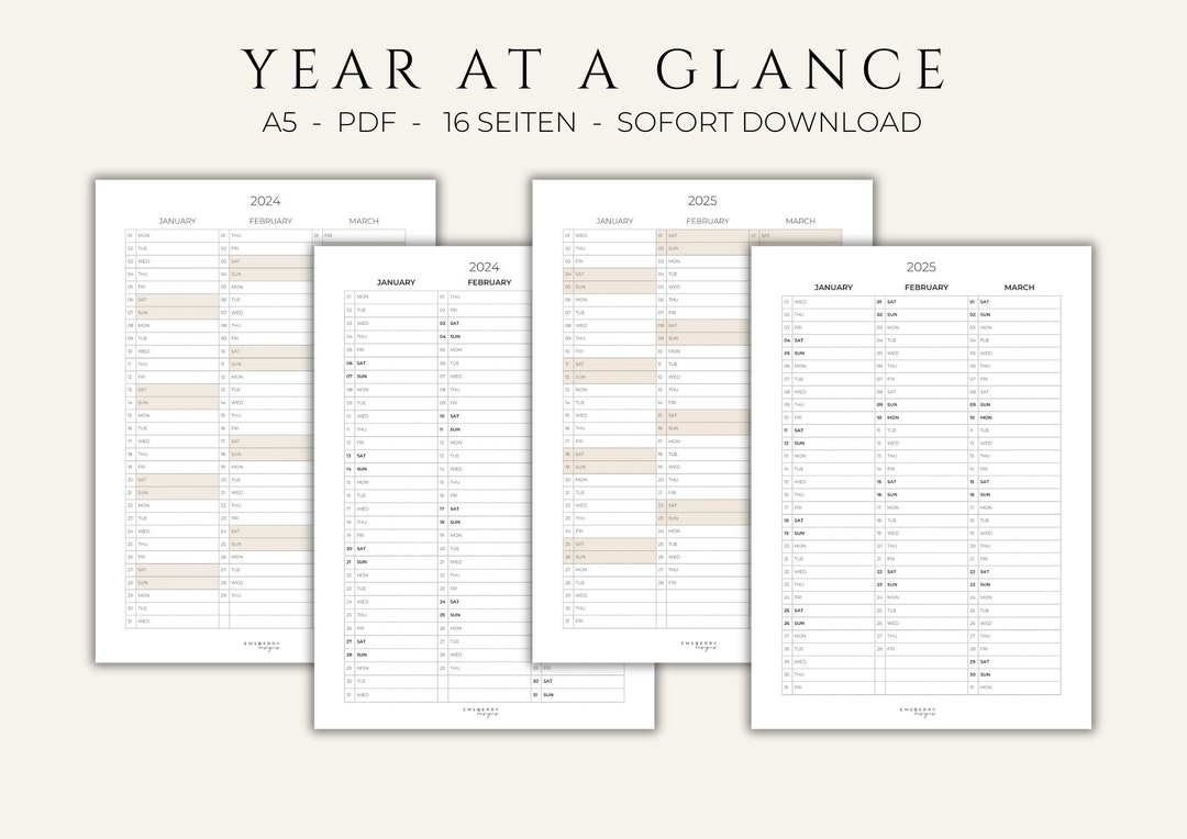 A5 Year at A Glance, A5 Planner Inserts Printable, A5 Yearly Overview ...