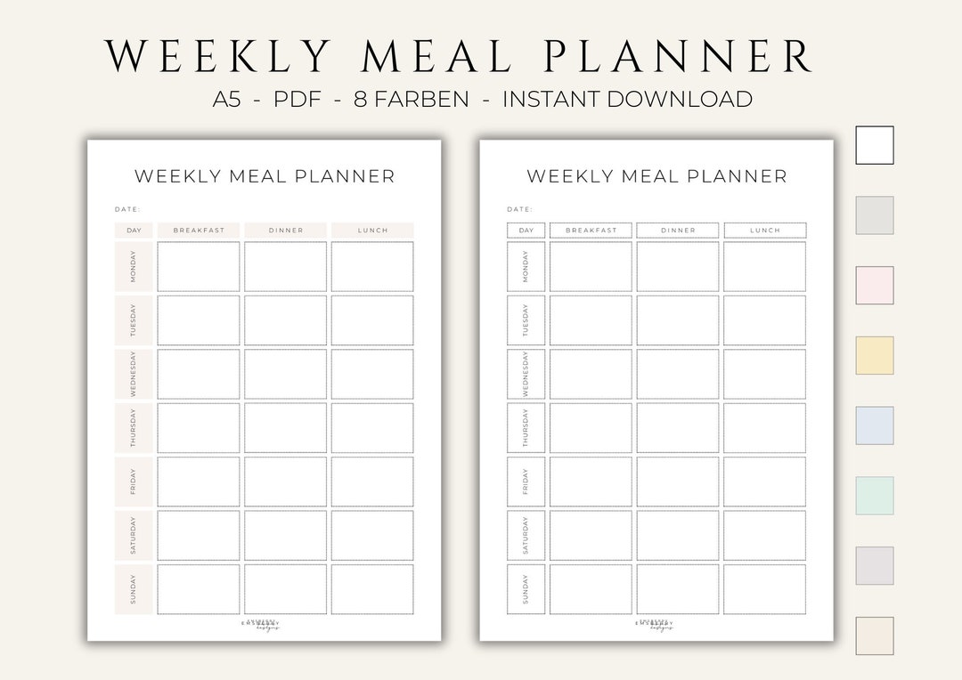 A5 Printable Meal Plan | Printable Planner Inserts | Weekly Menu List ...