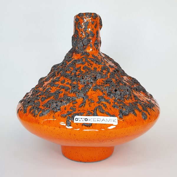 Retro OTTO KERAMIK Orange and Black Fat Lava Crater Glaze UFO Vase from Germany