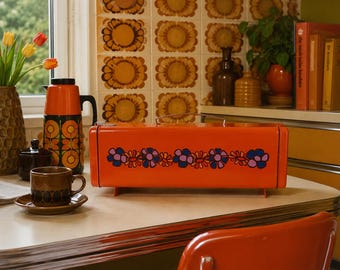 Vintage BRABANTIA Orange Metal Cake Tin Diane Flower Decor Mid Century Bread Storage Kitchen Box 1970s