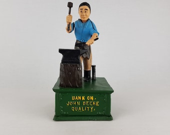Vintage John Deere Blacksmith Mechanical Coin Bank Cast Iron Replica 1990s Farm Collectible