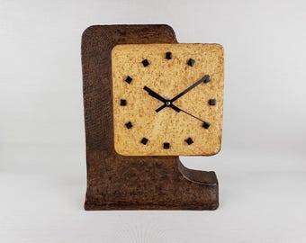 Vintage CHAMOTTE CLAY Brown Ceramic Brutalist Clock   / Krosselbach Style Dutch 1960-70s