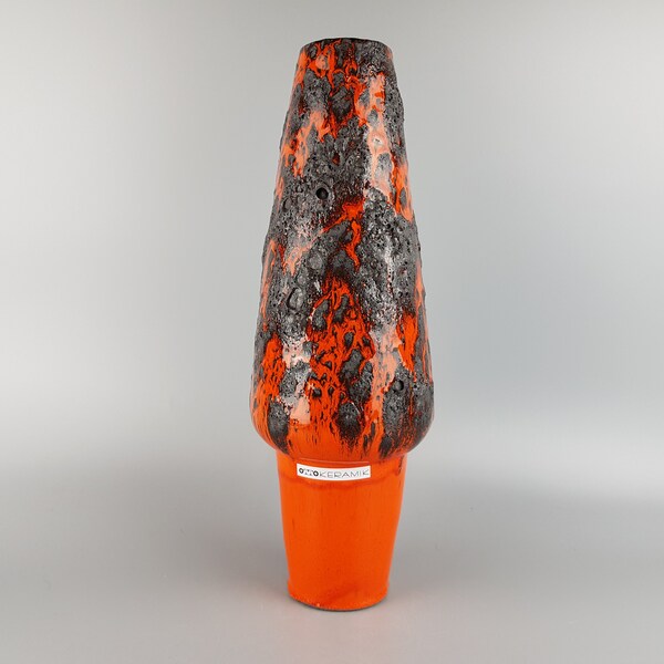 Retro OTTO KERAMIK Orange and Black Fat Lava Crater Glaze Vase from Germany