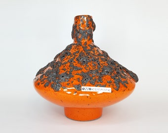 Retro OTTO KERAMIK Orange and Black Fat Lava UFO Vase from Germany