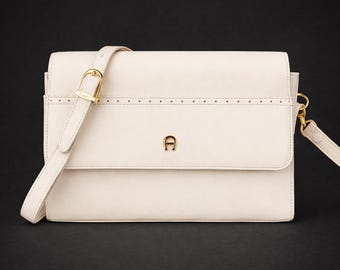 Vintage ETIENNE AIGNER Cream Leather Crossbody Bag Gold Hardware Adj. Strap