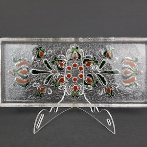 Vintage Glass CAKE PLATE By Walther Glass Rectangular Plate Flower Decor West Germany 1970s