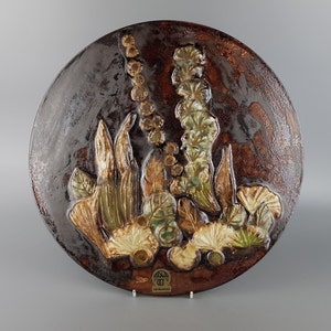 Vintage RUSCHA KERAMIK Roundal Wall Plate with 3D Flower decor West German Pottery 1960s
